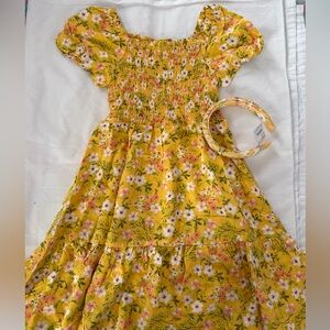 NWT:Girls Floral Smoked Yellow-Pink Doll Dress w/matching Braided Hairband.